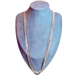 Long Silver Tone Layered Snake Chains and Rhinestone Statement Necklace